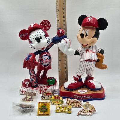 LOT Phillies Pins and 2 Forever Collectibles Phillies' Mickey Mouse Figurines / GO PHILLIES!!