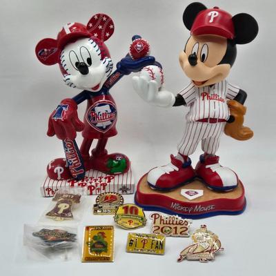LOT Phillies Pins and 2 Forever Collectibles Phillies' Mickey Mouse Figurines / GO PHILLIES!!