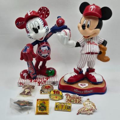 LOT Phillies Pins and 2 Forever Collectibles Phillies' Mickey Mouse Figurines / GO PHILLIES!!