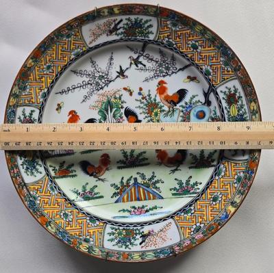 LOT 74L: 2 Rooster Plates with Double Plate Holder and More