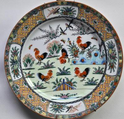 LOT 74L: 2 Rooster Plates with Double Plate Holder and More