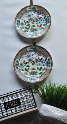 LOT 74L: 2 Rooster Plates with Double Plate Holder and More