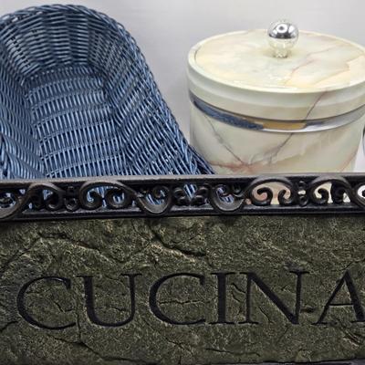 LOT 75L: Bulova Clock, Cucina Plaque, 2 Blue Baskets, Cute Bunny Flatware Holders, Large Plastic Bowl, Ice Bucket, and More
