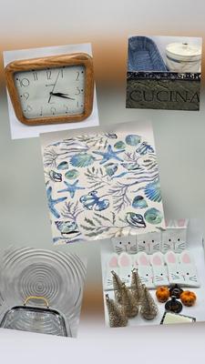 LOT 75L: Bulova Clock, Cucina Plaque, 2 Blue Baskets, Cute Bunny Flatware Holders, Large Plastic Bowl, Ice Bucket, and More