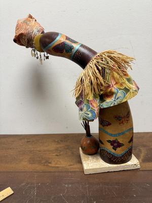 Gourd Lady from Africa with turban and earrings mounted on base