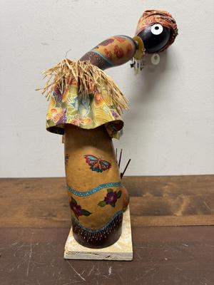 Gourd Lady from Africa with turban and earrings mounted on base