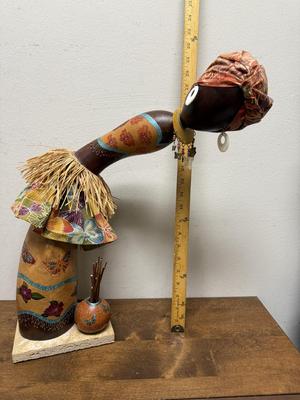 Gourd Lady from Africa with turban and earrings mounted on base