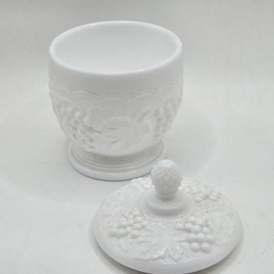 LOT 1K: Vintage Milk Glass Vase, Creamer and Sugar, Salt and Pepper, Divided Serving Dish, Butter Dish, and More