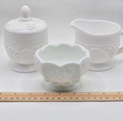 LOT 1K: Vintage Milk Glass Vase, Creamer and Sugar, Salt and Pepper, Divided Serving Dish, Butter Dish, and More