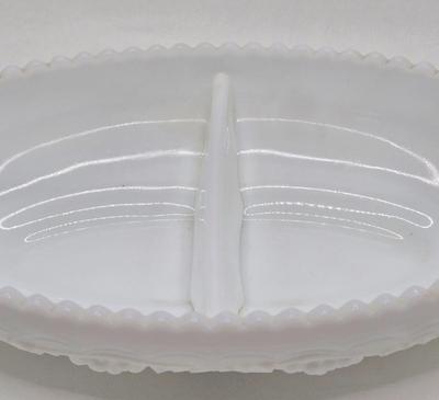 LOT 1K: Vintage Milk Glass Vase, Creamer and Sugar, Salt and Pepper, Divided Serving Dish, Butter Dish, and More