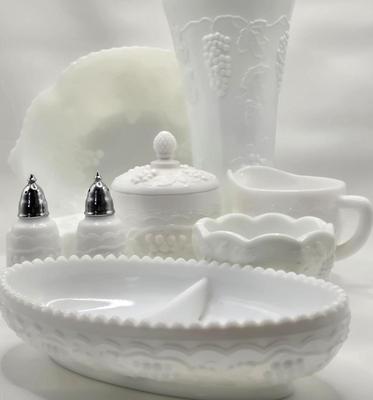 LOT 1K: Vintage Milk Glass Vase, Creamer and Sugar, Salt and Pepper, Divided Serving Dish, Butter Dish, and More