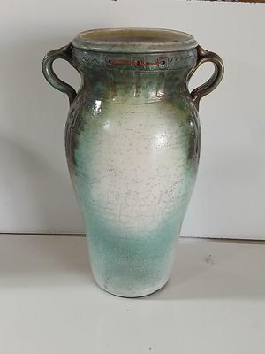 Signed Large Handcrafted Ceramic Vase – Rustic Crackle Glaze with Dual Handles & Leather Accent