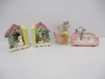 Rubens Bear Pottery Vintage Pottery Couple Vintage Thames Japan Christmas Snowman Bookends Hand Painted Book Ends