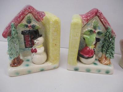 Rubens Bear Pottery Vintage Pottery Couple Vintage Thames Japan Christmas Snowman Bookends Hand Painted Book Ends