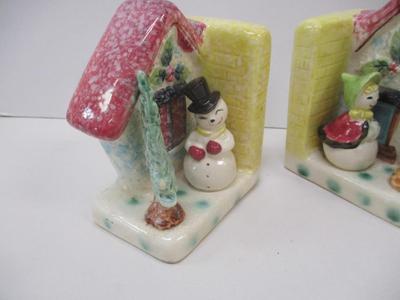 Rubens Bear Pottery Vintage Pottery Couple Vintage Thames Japan Christmas Snowman Bookends Hand Painted Book Ends
