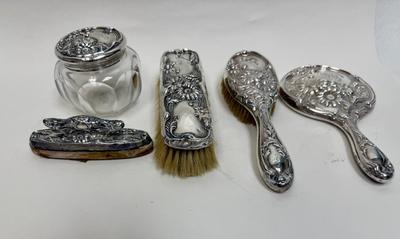 Antique Sterling Silver Vanity 5 piece Set - Mirror, brushes, nail buffer, jar