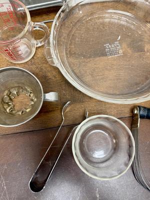 Vintage Kitchen Tools Lot - Glass Pyrex Pie Pan, Measuring Cups, etc