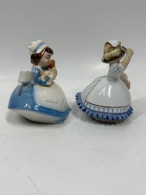 Vintage Figurines 1950's MCM Lefton Nurse Mid-wife Holding Baby and Nurse with Hot Water Bottle Hand Painted Figurines Japan