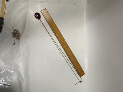 Vintage Ruby Red Stone Pendant with long gold tone chain