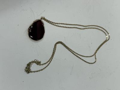 Vintage Ruby Red Stone Pendant with long gold tone chain
