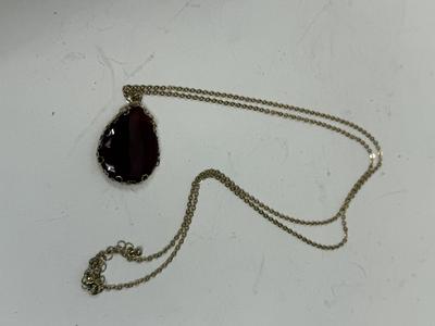 Vintage Ruby Red Stone Pendant with long gold tone chain