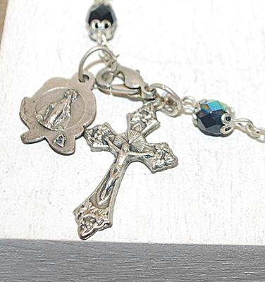 Iridescent Blue & Green Stones BRACELET (6" End-to-End) with Marked Italian CROSS & Rose Medal and a Lobster Style Clasp