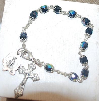Iridescent Blue & Green Stones BRACELET (6" End-to-End) with Marked Italian CROSS & Rose Medal and a Lobster Style Clasp