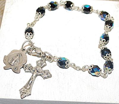 Iridescent Blue & Green Stones BRACELET (6" End-to-End) with Marked Italian CROSS & Rose Medal and a Lobster Style Clasp