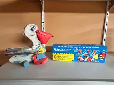 1961 PULL A SHOW PROJECTOR SLIDES AND FISHER PRICE PULL TOY PELICAN