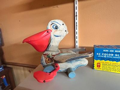1961 PULL A SHOW PROJECTOR SLIDES AND FISHER PRICE PULL TOY PELICAN
