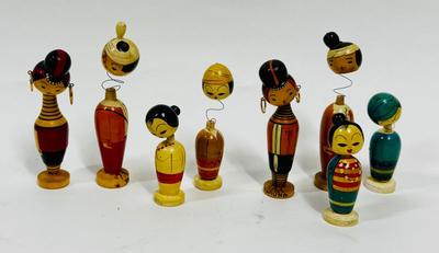 Vintage Japanese Kokeshi Wooden Spindle Peg Doll Figures Lot