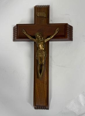 Vintage Wood INRI Catholic Last Rites Jesus Crucifix Cross 12" tall w/ sliding cross stash box for holy water and candles.