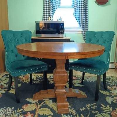 LOT 29: Round Pedestal Table with (2) Velvet Dining Chairs