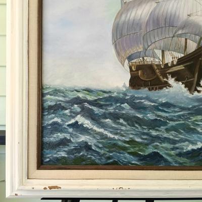 LOT 48: Painting of a Ship by Shirley Collins with Seascape Oil Painting by B. Potõaie