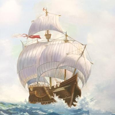LOT 48: Painting of a Ship by Shirley Collins with Seascape Oil Painting by B. Potõaie