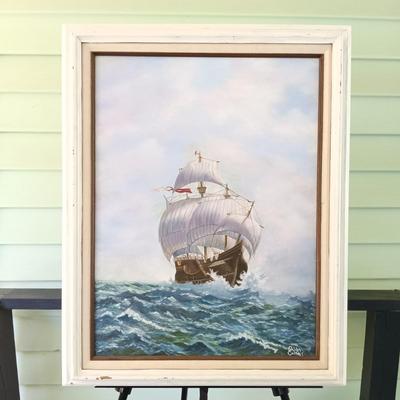 LOT 48: Painting of a Ship by Shirley Collins with Seascape Oil Painting by B. Potõaie