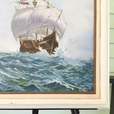 LOT 48: Painting of a Ship by Shirley Collins with Seascape Oil Painting by B. Potõaie