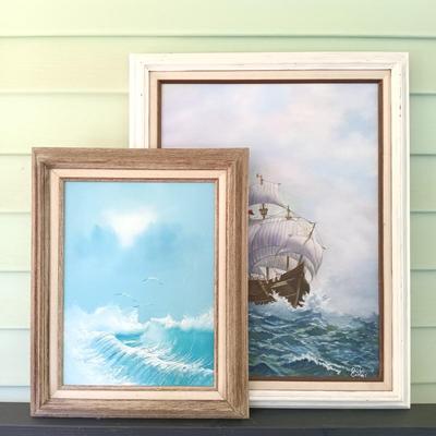 LOT 48: Painting of a Ship by Shirley Collins with Seascape Oil Painting by B. Potõaie