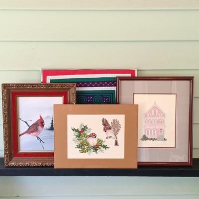 LOT 49: Painting of a Cardinal by Candy with Textile Art & Framed Embroidery