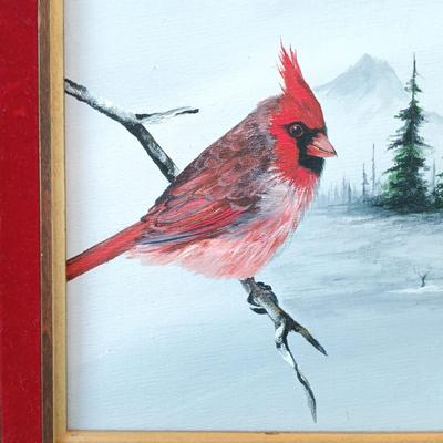 LOT 49: Painting of a Cardinal by Candy with Textile Art & Framed Embroidery