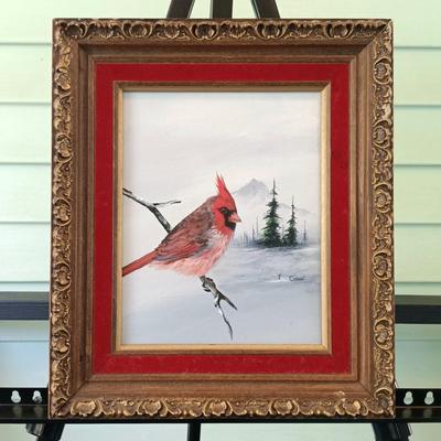LOT 49: Painting of a Cardinal by Candy with Textile Art & Framed Embroidery