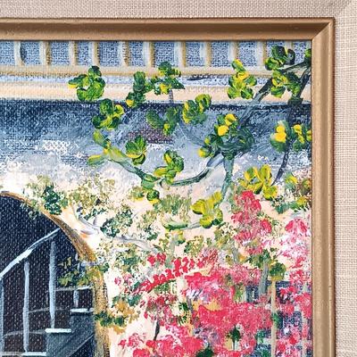 LOT 51: Painting of a Courtyard by Murphy, Lithographs of Victorian Man and Woman & Painting of a Rococo-Style Couple by L.H. Jones