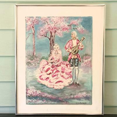 LOT 51: Painting of a Courtyard by Murphy, Lithographs of Victorian Man and Woman & Painting of a Rococo-Style Couple by L.H. Jones