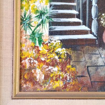 LOT 51: Painting of a Courtyard by Murphy, Lithographs of Victorian Man and Woman & Painting of a Rococo-Style Couple by L.H. Jones
