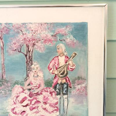 LOT 51: Painting of a Courtyard by Murphy, Lithographs of Victorian Man and Woman & Painting of a Rococo-Style Couple by L.H. Jones