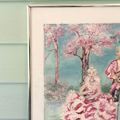LOT 51: Painting of a Courtyard by Murphy, Lithographs of Victorian Man and Woman & Painting of a Rococo-Style Couple by L.H. Jones