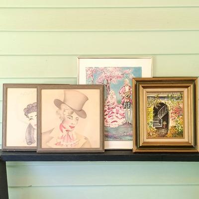LOT 51: Painting of a Courtyard by Murphy, Lithographs of Victorian Man and Woman & Painting of a Rococo-Style Couple by L.H. Jones