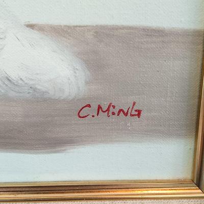 LOT 136: 'Madonna of the Doves' Print on Textile by Lu-Hung-Nien, 3 Ink Prints on Paper & Oil Painting of a Woman by C. Ming