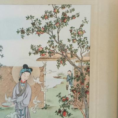 LOT 136: 'Madonna of the Doves' Print on Textile by Lu-Hung-Nien, 3 Ink Prints on Paper & Oil Painting of a Woman by C. Ming