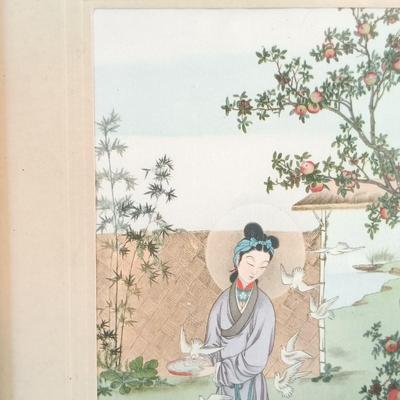 LOT 136: 'Madonna of the Doves' Print on Textile by Lu-Hung-Nien, 3 Ink Prints on Paper & Oil Painting of a Woman by C. Ming